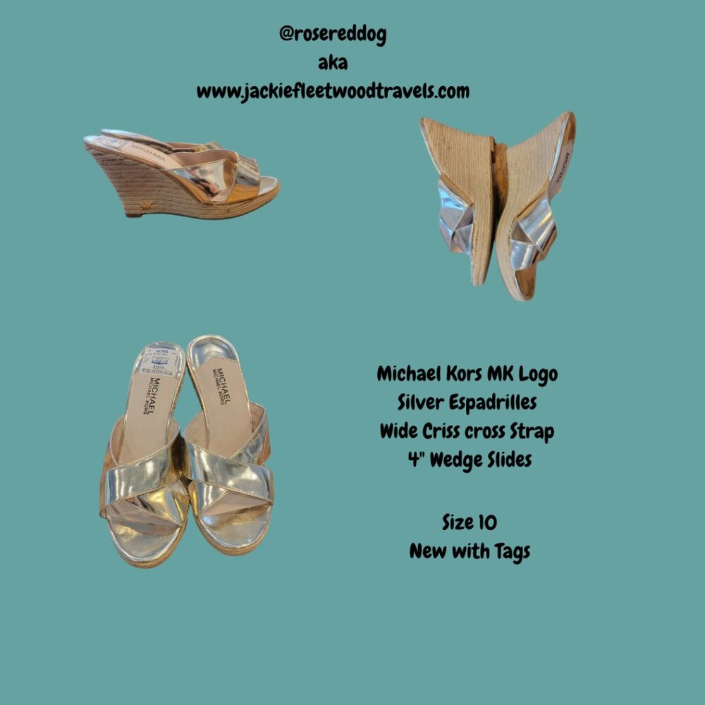 Michael Kors MK Logo Silver Espadrilles Wide Criss cross Strap 4" Wedge Slides